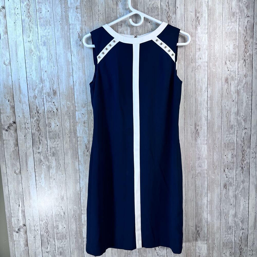 Ivanka‎ Trump Sheath Dress Womens 2 Navy White Gold Sleeveless Studded Career